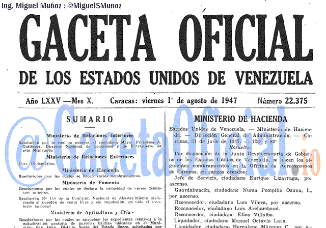 Gaceta Oficial 22375 del 1 Agosto 1947