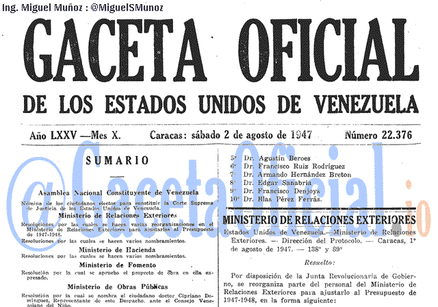 Gaceta Oficial 22376 del 2 Agosto 1947