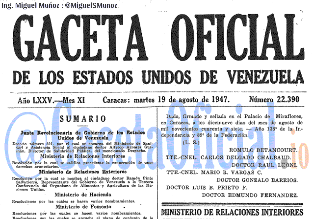 Gaceta Oficial 22390 del 19 Agosto 1947