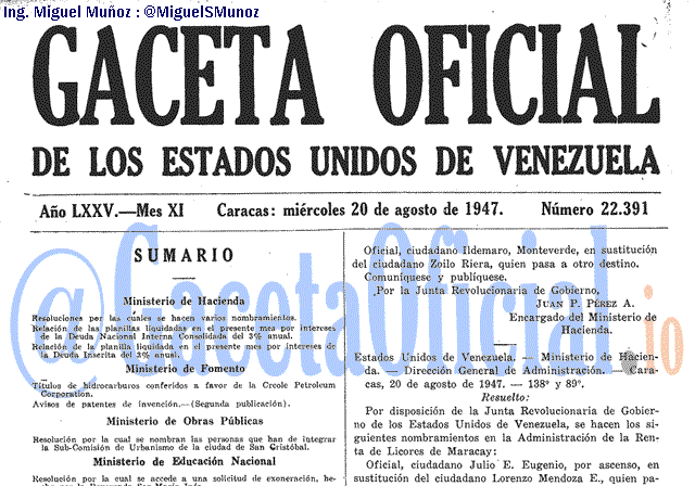 Gaceta Oficial 22391 del 20 Agosto 1947