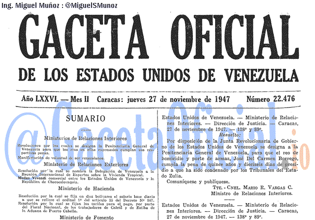 Gaceta Oficial 22476 del 27 Noviembre 1947