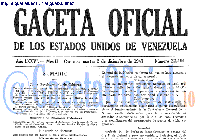 Gaceta Oficial 22480 del 2 Diciembre 1947