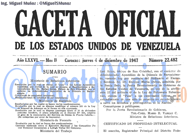Gaceta Oficial 22482 del 4 Diciembre 1947