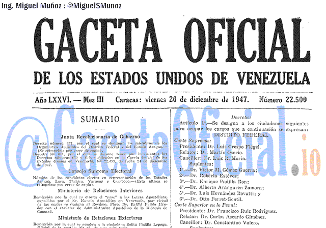 Gaceta Oficial 22500 del 26 Diciembre 1947