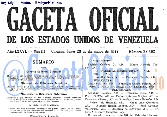Gaceta Oficial 22502 del 29 Diciembre 1947