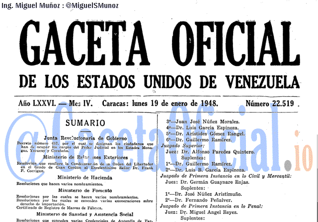 Gaceta Oficial 22519 del 19 Enero 1948