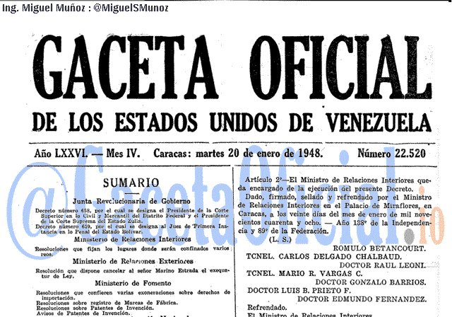 Gaceta Oficial 22520 del 20 Enero 1948
