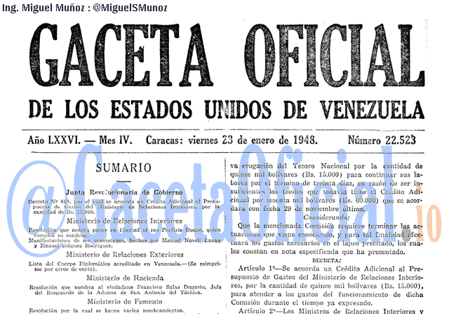Gaceta Oficial 22523 del 23 Enero 1948