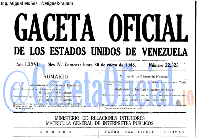 Gaceta Oficial 22525 del 26 Enero 1948
