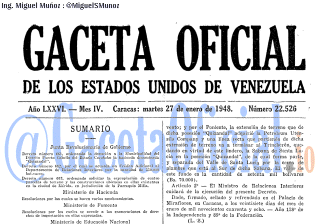 Gaceta Oficial 22526 del 27 Enero 1948