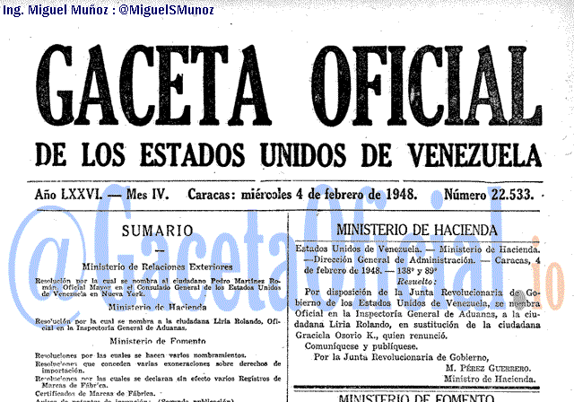 Gaceta Oficial 22533 del 4 Febrero 1948