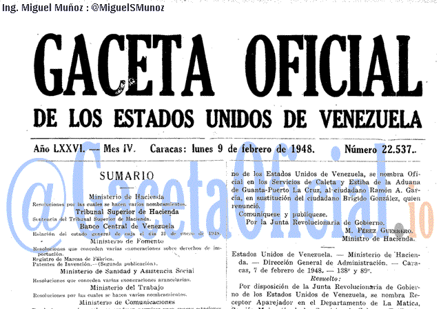 Gaceta Oficial 22537 del 9 Febrero 1948