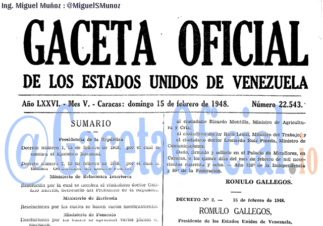 Gaceta Oficial 22543 del 15 Febrero 1948