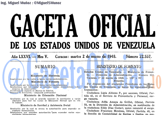 Gaceta Oficial 22557 del 2 Marzo 1948
