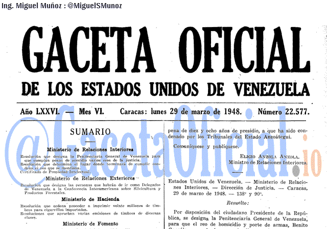 Gaceta Oficial 22577 del 29 Marzo 1948