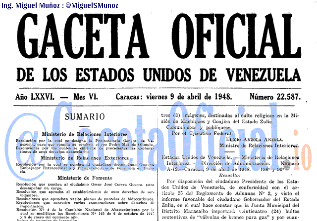 Gaceta Oficial 22587 del 9 Abril 1948