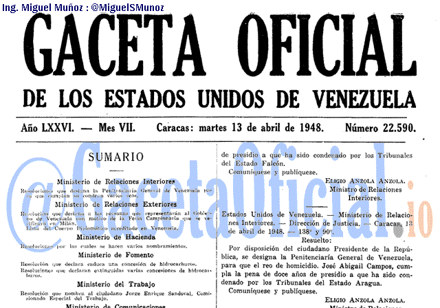 Gaceta Oficial 22590 del 13 Abril 1948