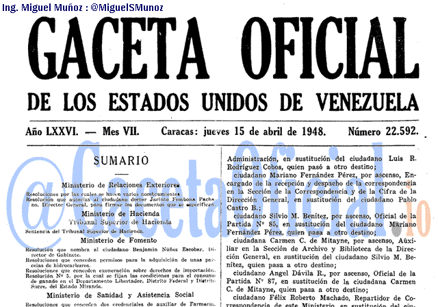 Gaceta Oficial 22592 del 15 Abril 1948