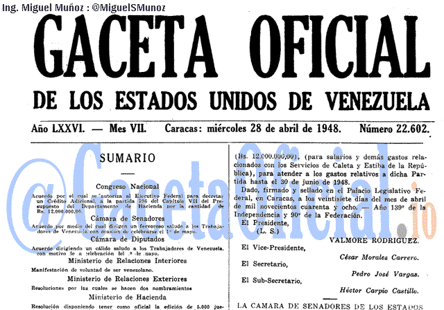 Gaceta Oficial 22602 del 28 Abril 1948