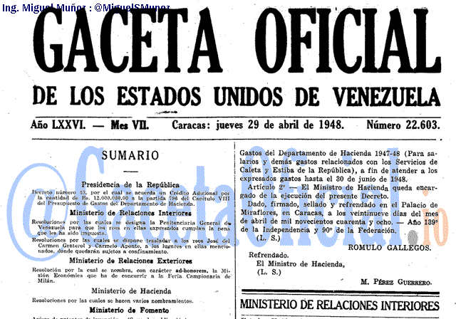 Gaceta Oficial 22603 del 29 Abril 1948
