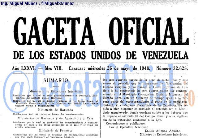 Gaceta Oficial 22625 del 26 Mayo 1948