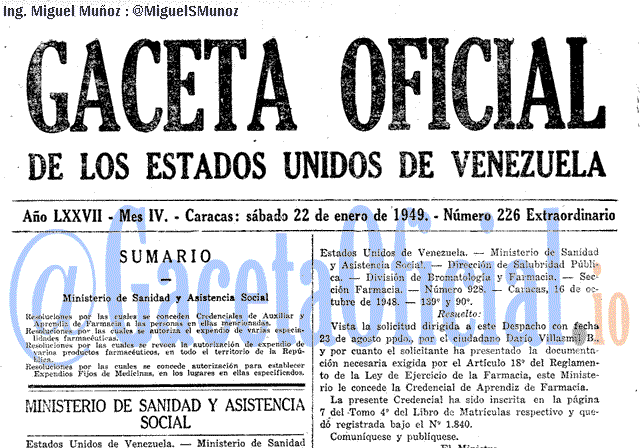 Gaceta Oficial 226 del 22 Enero 1949