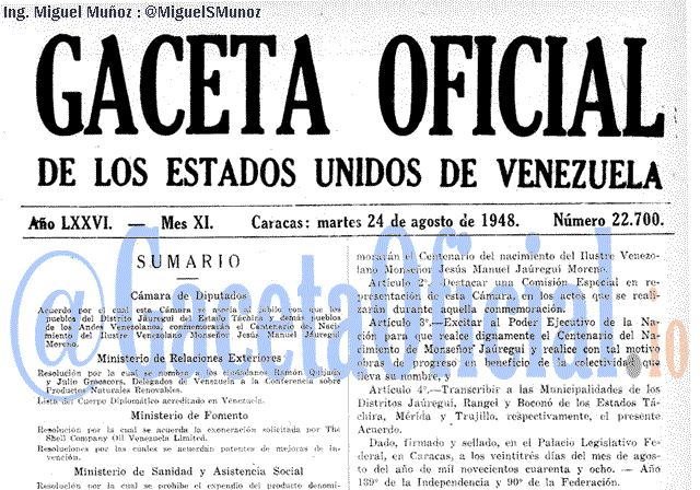 Gaceta Oficial 22700 del 24 Agosto 1948