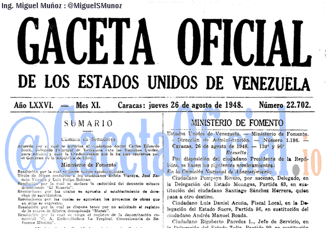 Gaceta Oficial 22702 del 26 Agosto 1948