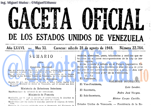 Gaceta Oficial 22704 del 28 Agosto 1948