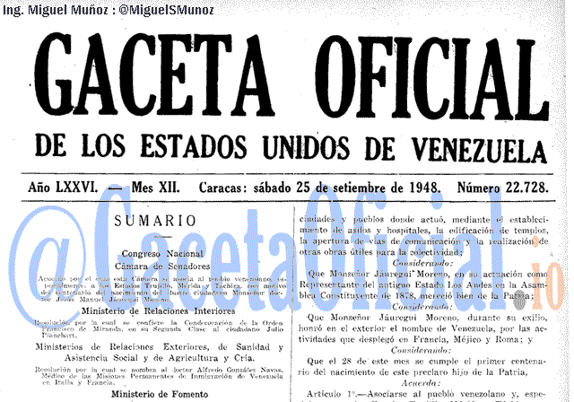 Gaceta Oficial 22728 del 25 Septiembre 1948