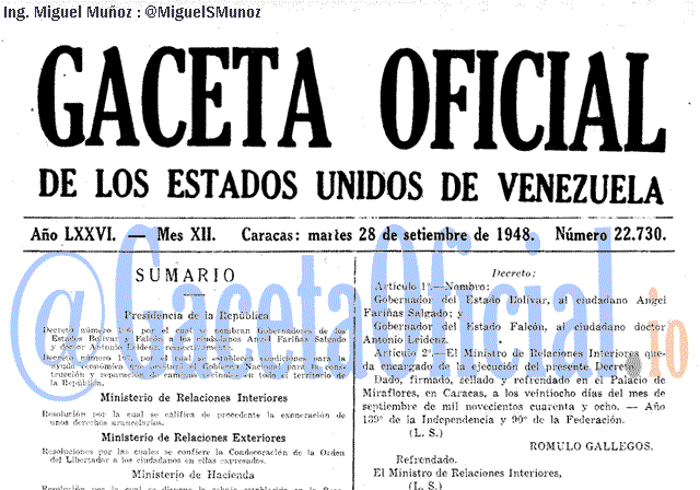 Gaceta Oficial 22730 del 28 Septiembre 1948