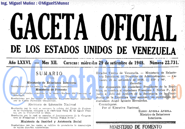 Gaceta Oficial 22731 del 29 Septiembre 1948