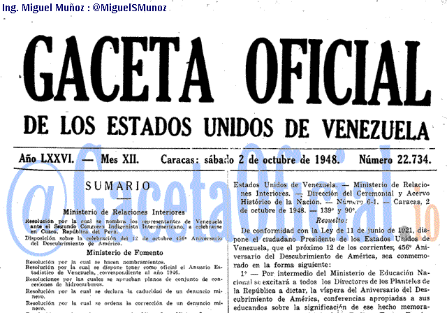 Gaceta Oficial 22734 del 2 Octubre 1948