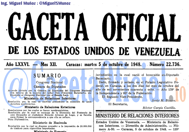 Gaceta Oficial 22736 del 5 Octubre 1948