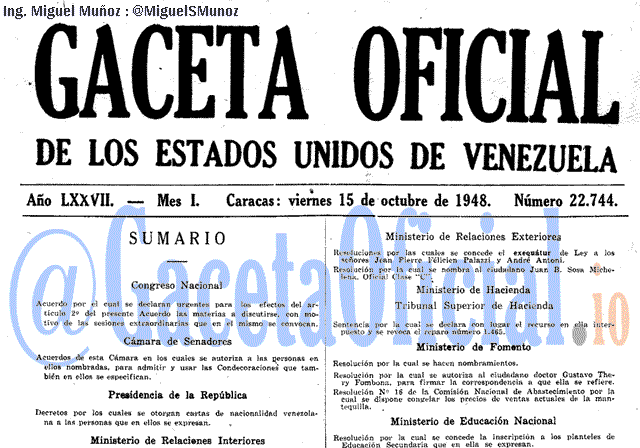 Gaceta Oficial 22744 del 15 Octubre 1948
