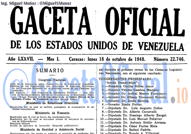 Gaceta Oficial 22746 del 18 Octubre 1948