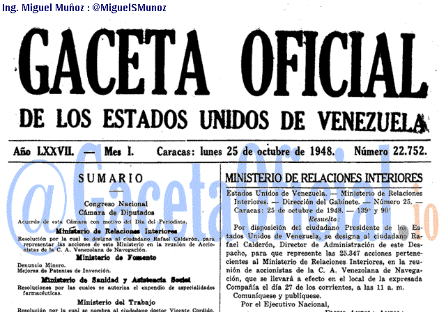 Gaceta Oficial 22752 del 25 Octubre 1948