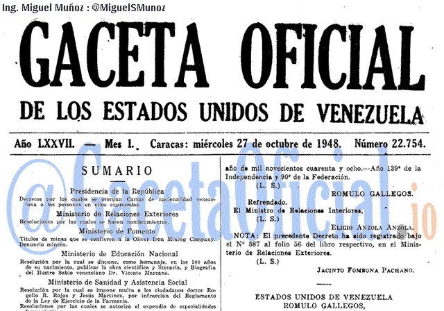 Gaceta Oficial 22754 del 27 Octubre 1948
