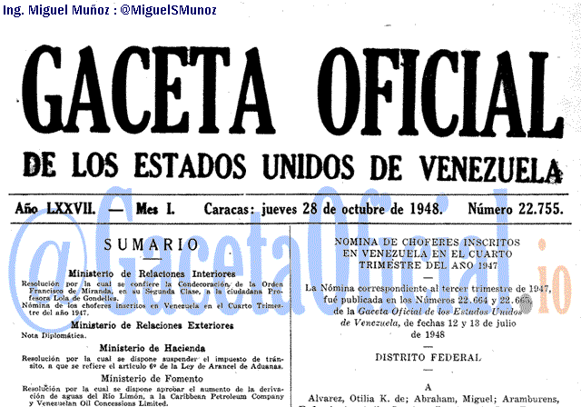 Gaceta Oficial 22755 del 28 Octubre 1948