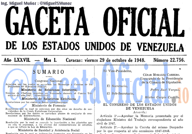 Gaceta Oficial 22756 del 29 Octubre 1948