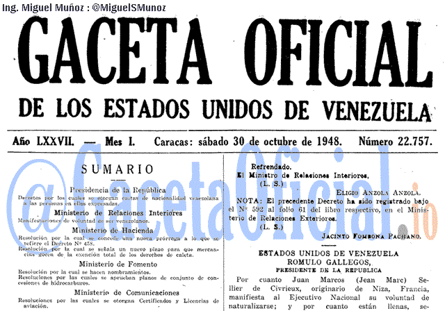 Gaceta Oficial 22757 del 30 Octubre 1948