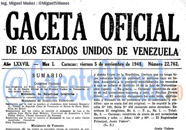 Gaceta Oficial 22762 del 5 Noviembre 1948