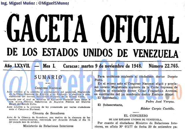 Gaceta Oficial 22765 del 9 Noviembre 1948