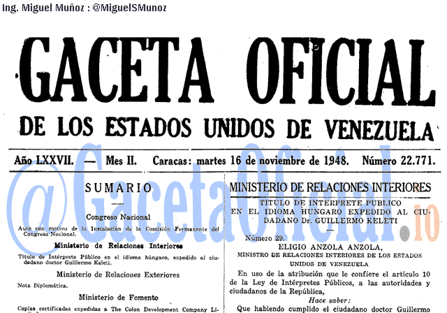 Gaceta Oficial 22771 del 16 Noviembre 1948