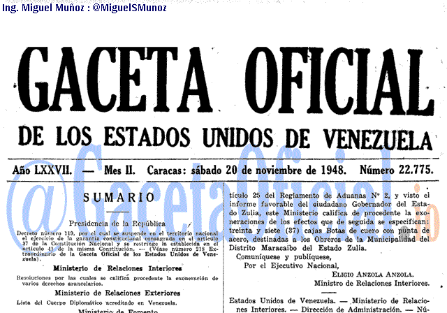 Gaceta Oficial 22775 del 20 Noviembre 1948