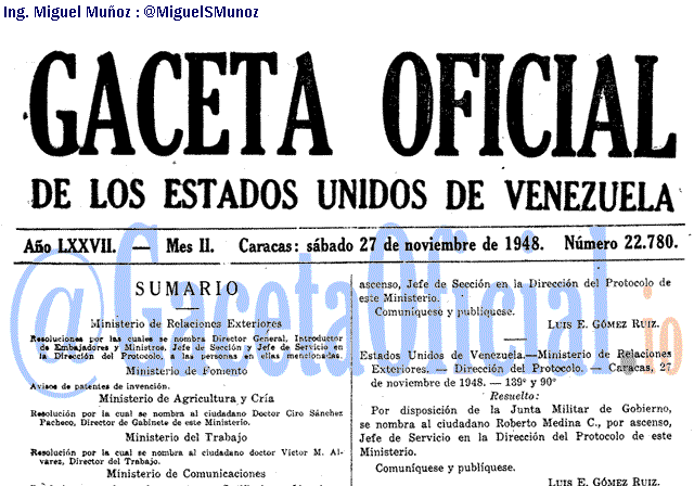 Gaceta Oficial 22780 del 27 Noviembre 1948