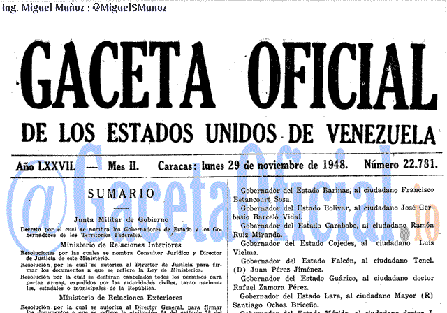 Gaceta Oficial 22781 del 29 Noviembre 1948