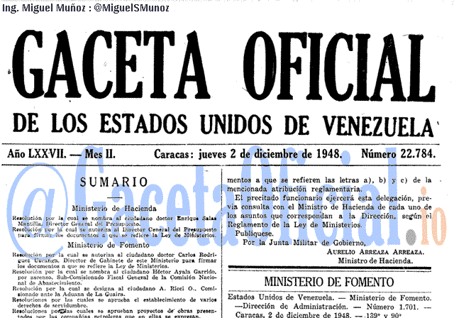 Gaceta Oficial 22784 del 2 Diciembre 1948
