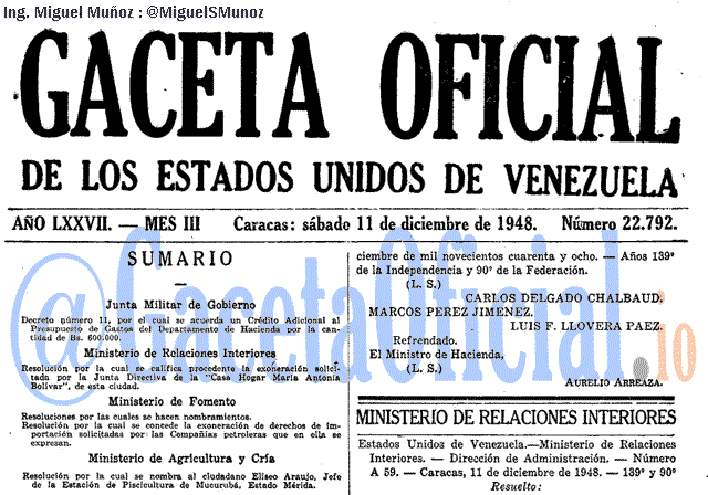 Gaceta Oficial 22792 del 11 Diciembre 1948