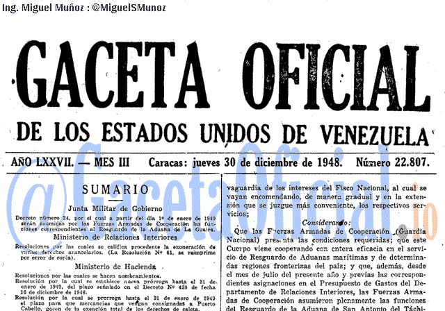 Gaceta Oficial 22807 del 30 Diciembre 1948